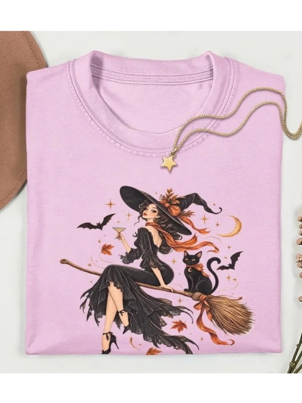 Gildan Pink Halloween Graphic Tee with Witch & Cat Illustration